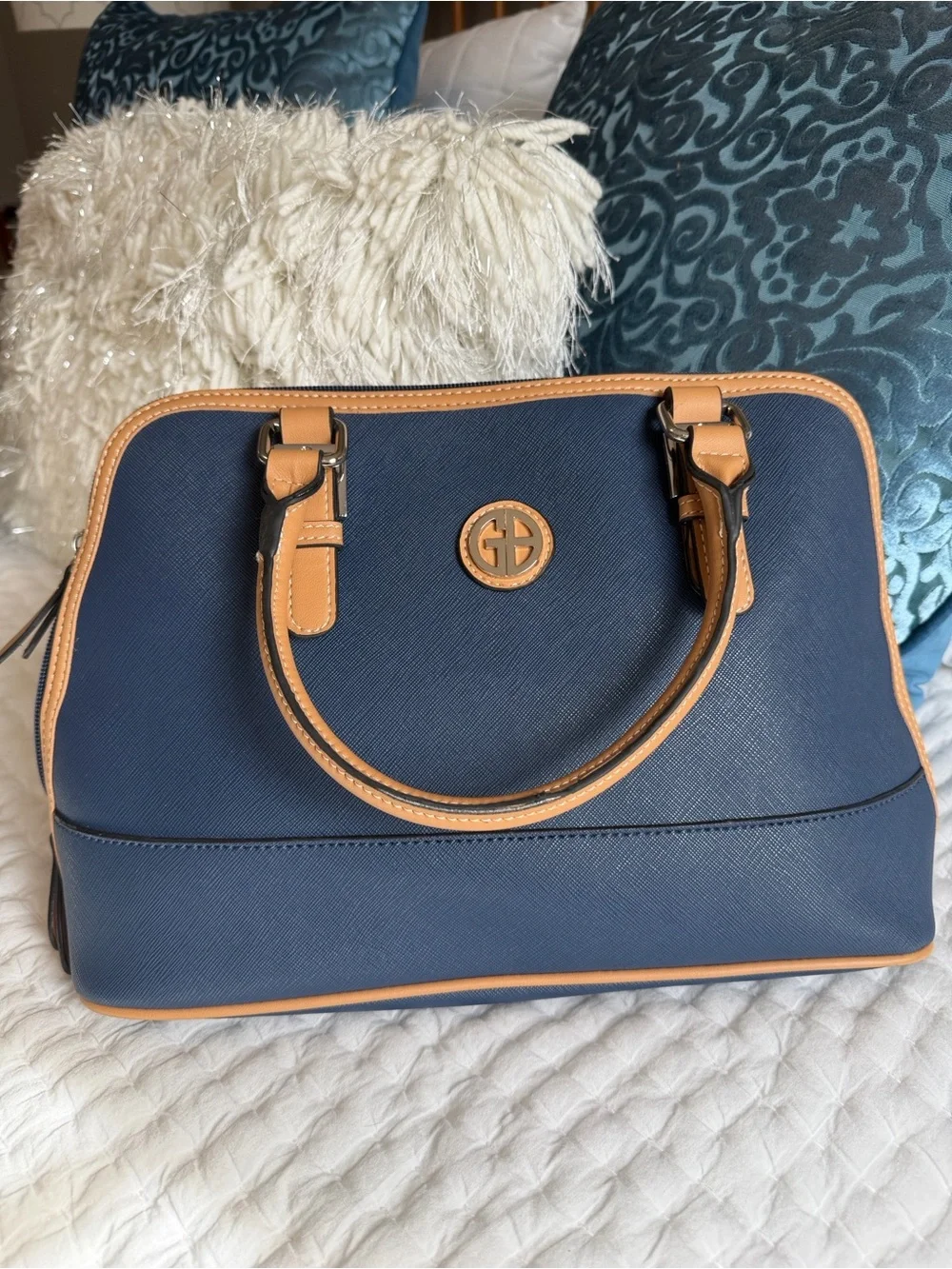 Giani Bernini Navy and Tan Saffiano Satchel
